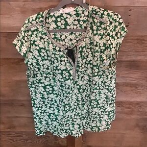 DR2 White and Green Tie Front Blouse with Mandarin Collar